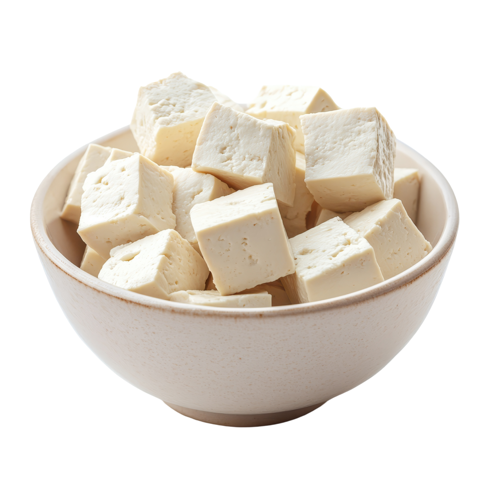 Fresh tofu cubes served in a simple bowl against a transparent background for culinary inspiration, Tofu in a bowl isolated on transparent background png