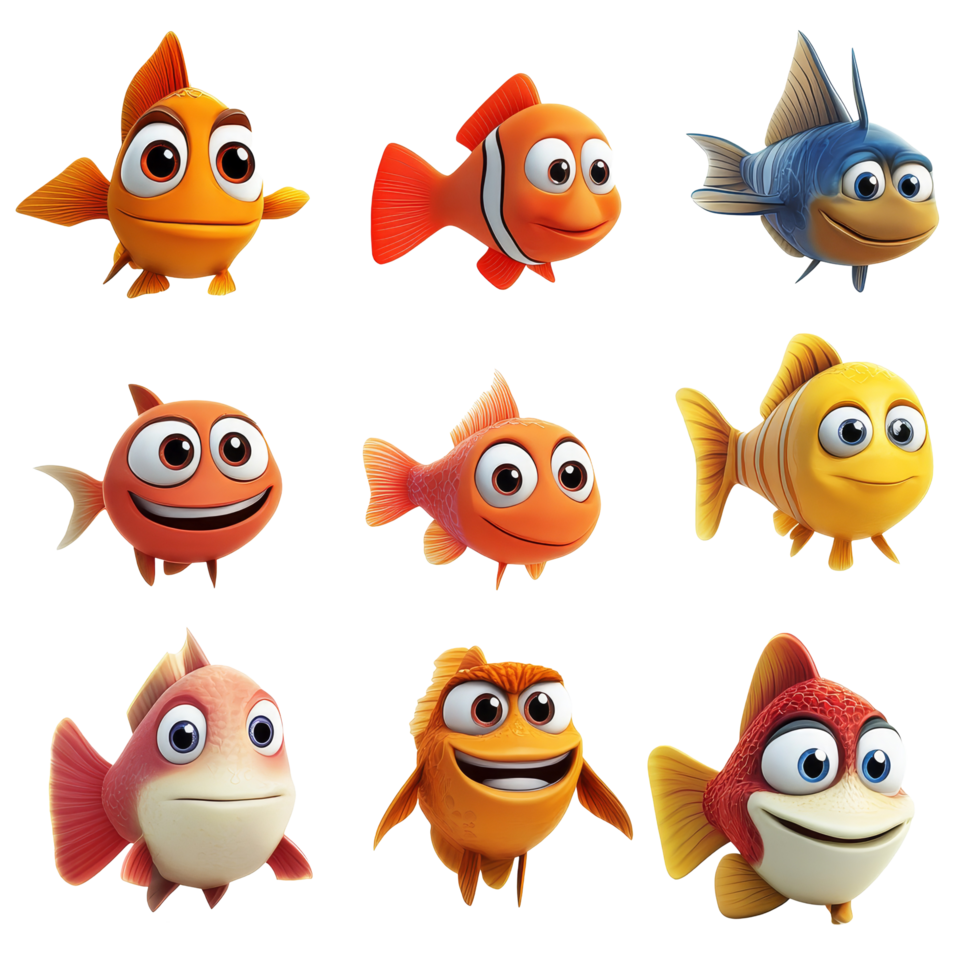 Funny cartoon fish characters with cheerful expressions swimming playfully against a transparent background, Funny 3D Cartoon Fish Characters on transparent background png