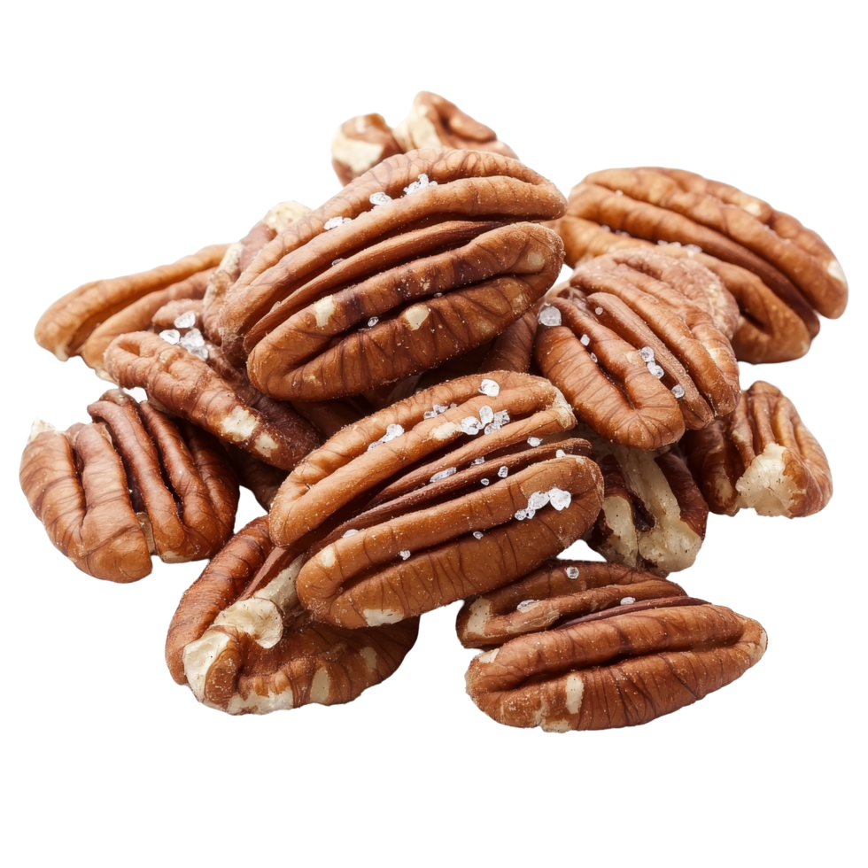 Salted pecan nuts isolated against a clean transparent background for healthy snacking, Pecan nuts topped with light salt isolated on transparent background png