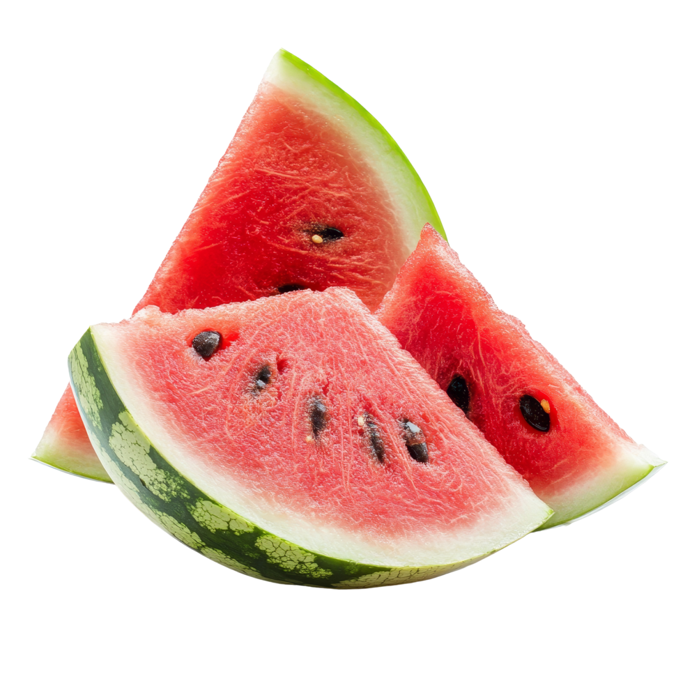 Freshly sliced watermelon wedges arranged on a clean transparent background perfect for summer refreshment, Sliced of watermelon isolated on transparent background png