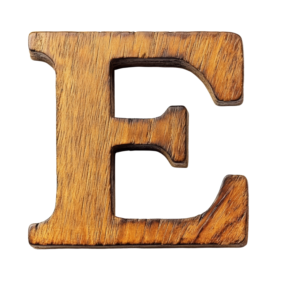 The consonant letter E crafted from polished wood on a bright transparent background, consonant letter e is used to make words on transparent backgroundfile png