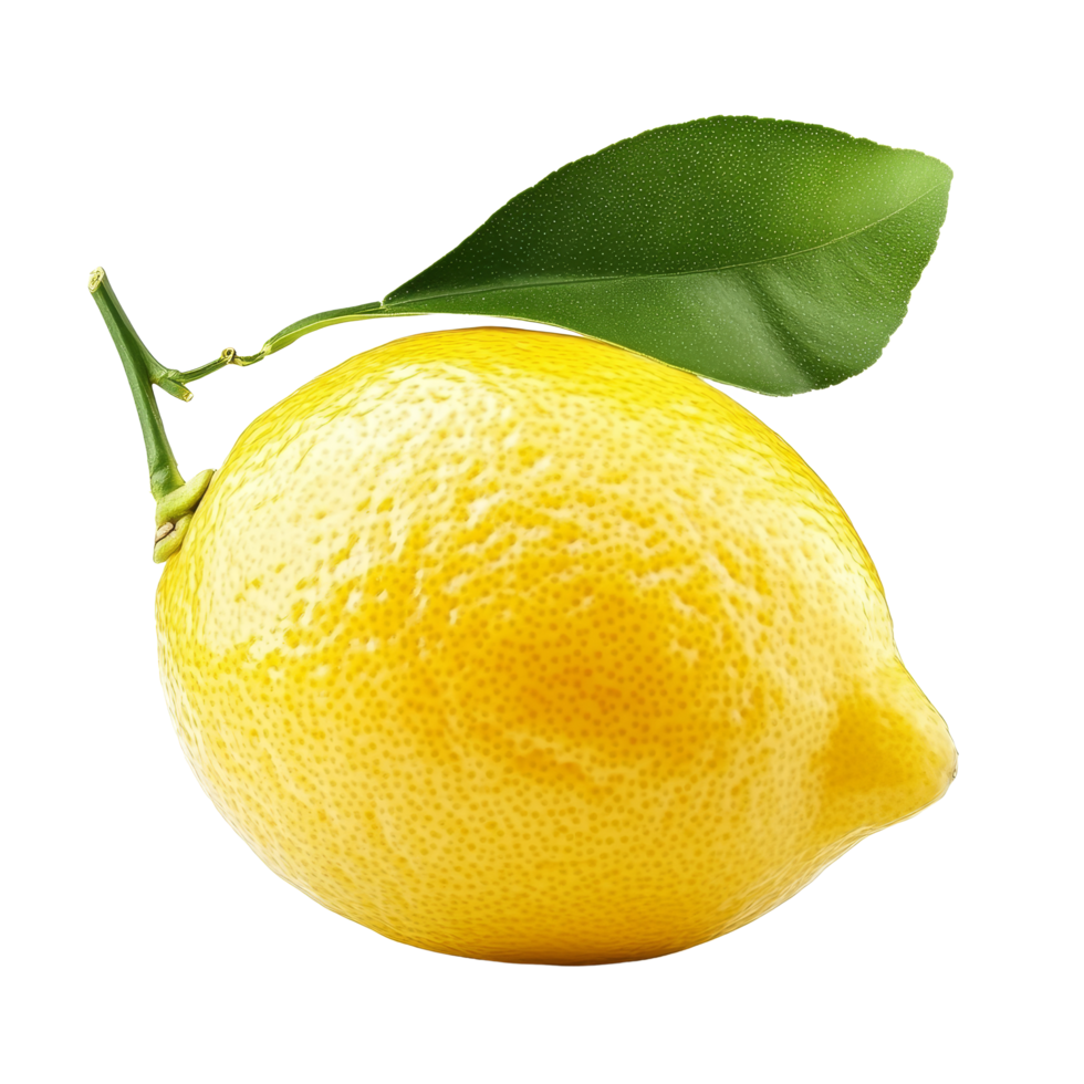 Fresh yellow lemon fruit with a green leaf isolated on a transparent background perfect for culinary and health uses, yellow lemon fruit with leaf isolated on transparent background png