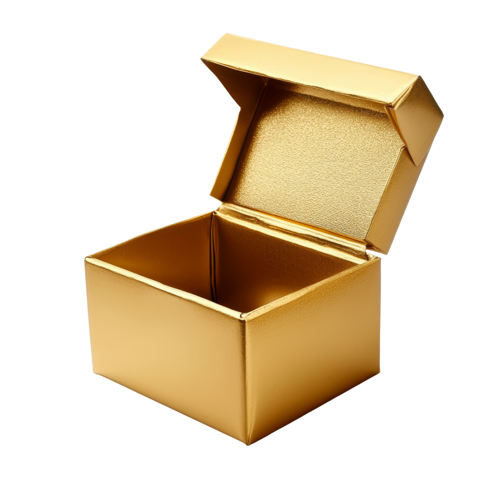 A beautifully crafted gold open gift box isolated on a transparent background suitable for various occasions, Gold open gift box isolated on transparent background png