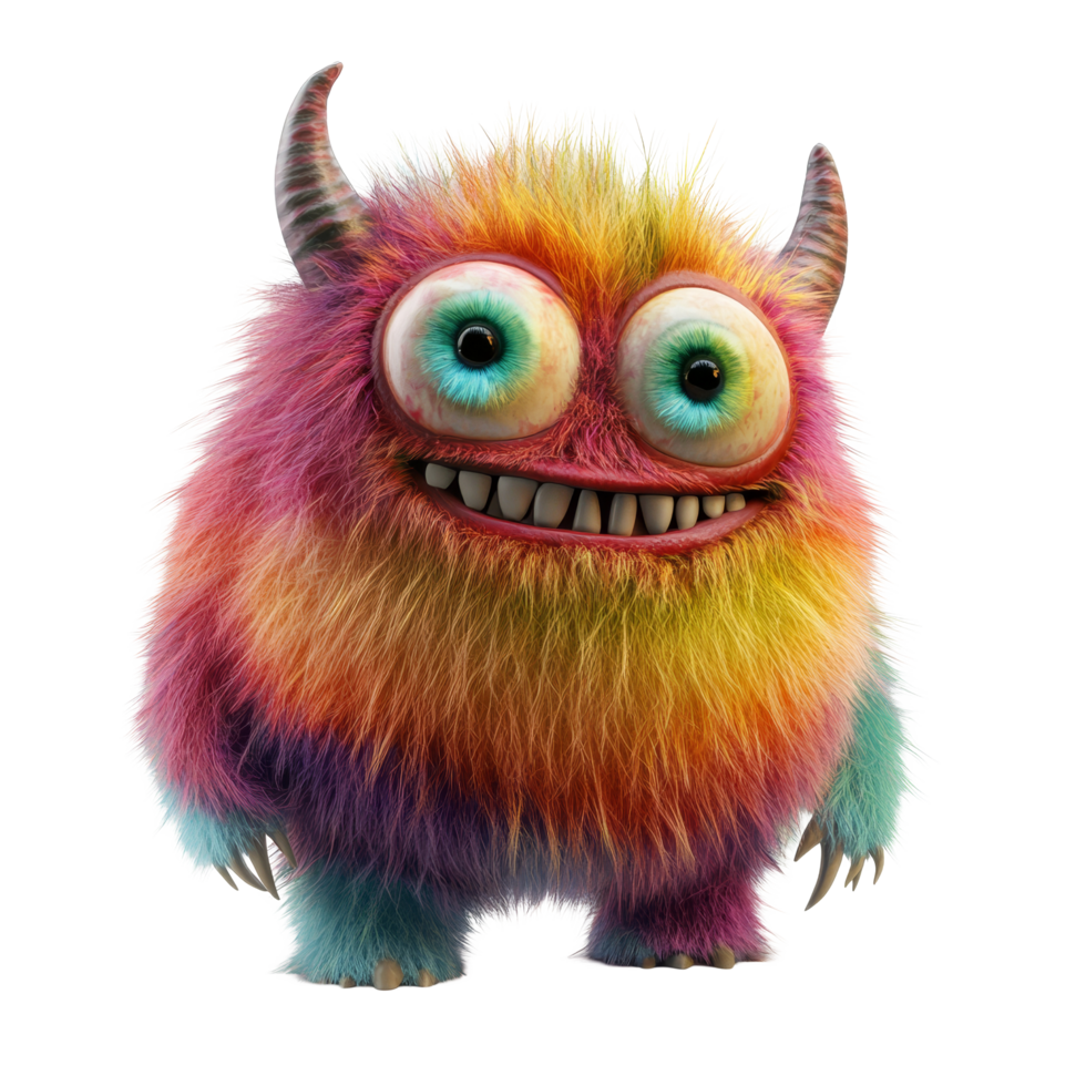 A colorful furry monster character named stands cheerfully, showcasing its vivid rainbow, colorful furry and cute monster, 3D render character cartoon style Isolated on transparent background png