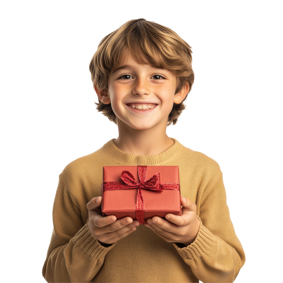 Happy young boy smiling while holding a small gift against a bright transparent background, Happy Young Boy with Gift on transparent background png