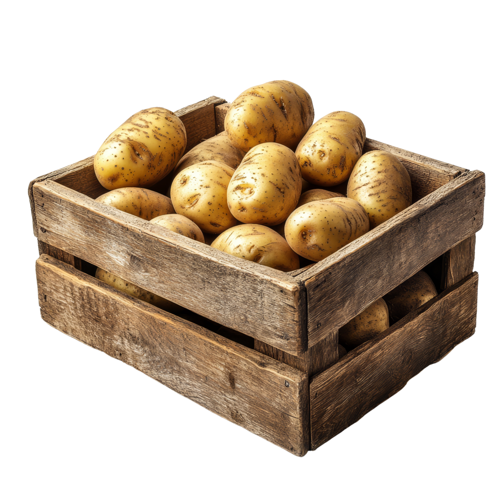 A rustic wooden box filled with fresh potatoes set against a clean transparent background, wooden box of potatoesisolated on transparent background png