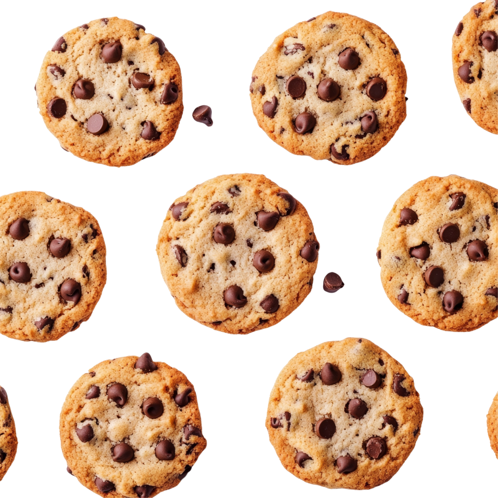Deliciously baked chocolate chip cookies arranged on a clean transparent background, perfect for sharing at gatherings or enjoying solo, chocolate chips cookies on transparent background png