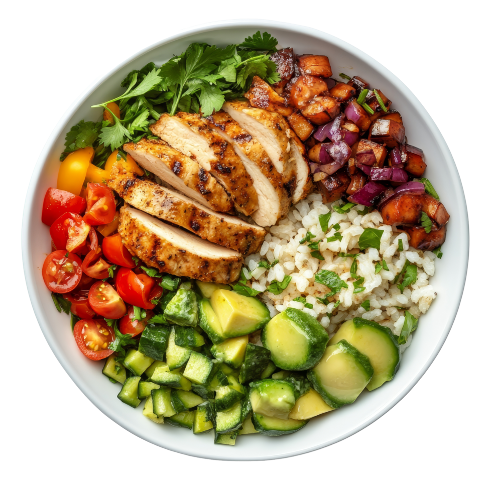 Healthy grilled chicken with fresh vegetables and rice served in a bowl on a transparent background, Healthy Meal Isolated on transparent background png