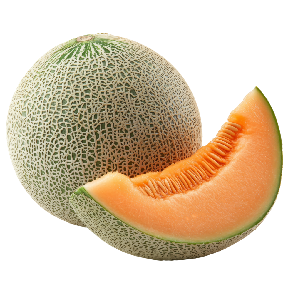 Fresh cantaloupe melon with a slice on a transparent background, showcasing its vibrant texture and color details, cantaloupe melon on transparent background png
