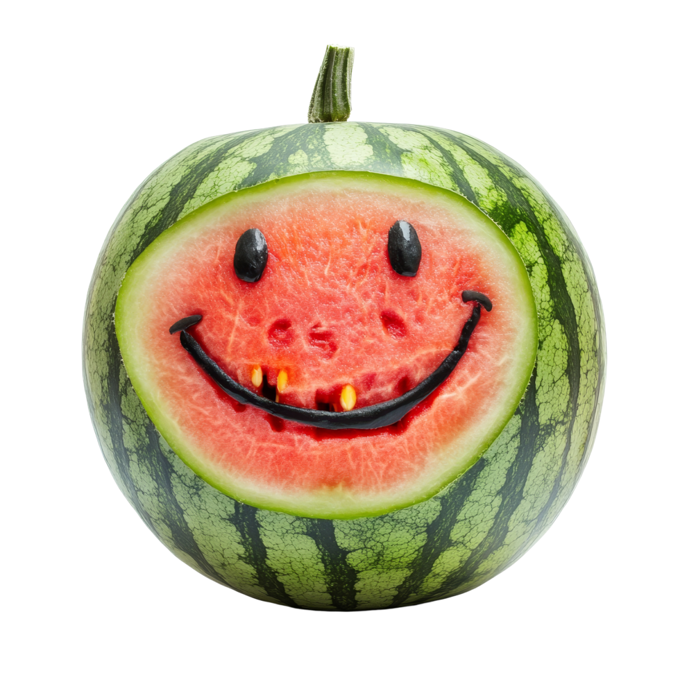 Smiling watermelon with a cheerful face displayed against a transparent background, smile water melon isolated on transparent background png