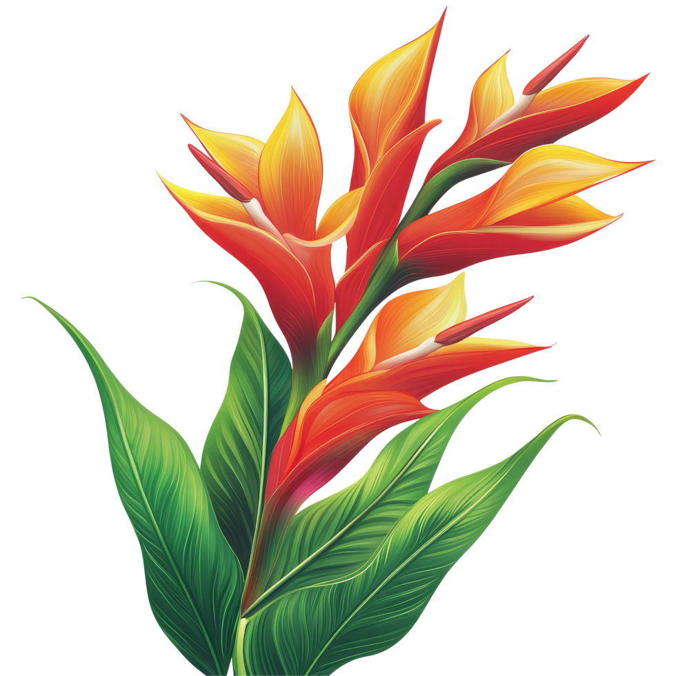 Vibrant heliconia blossoms in an isolated display against a clean transparent background, vibrant heliconia in style, isolated on a transparent background for design layouts png