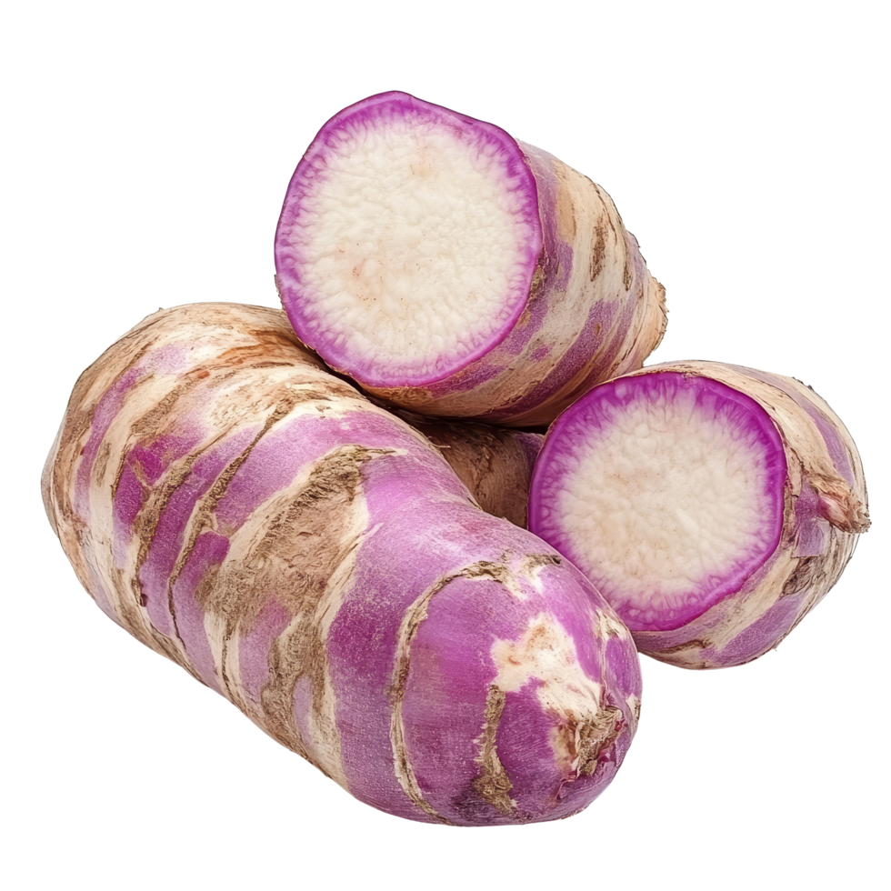 Sweet taro root with purple skin and transparent flesh displayed on a transparent background, sweet taro root isolated on transparent background png