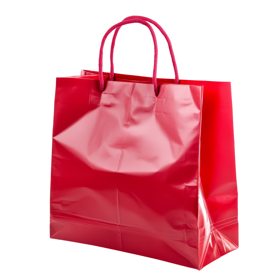 Bright red shopping bag isolated on a clean transparent background showcasing its glossy finish and sturdy handles, Red shopping bag isolated png