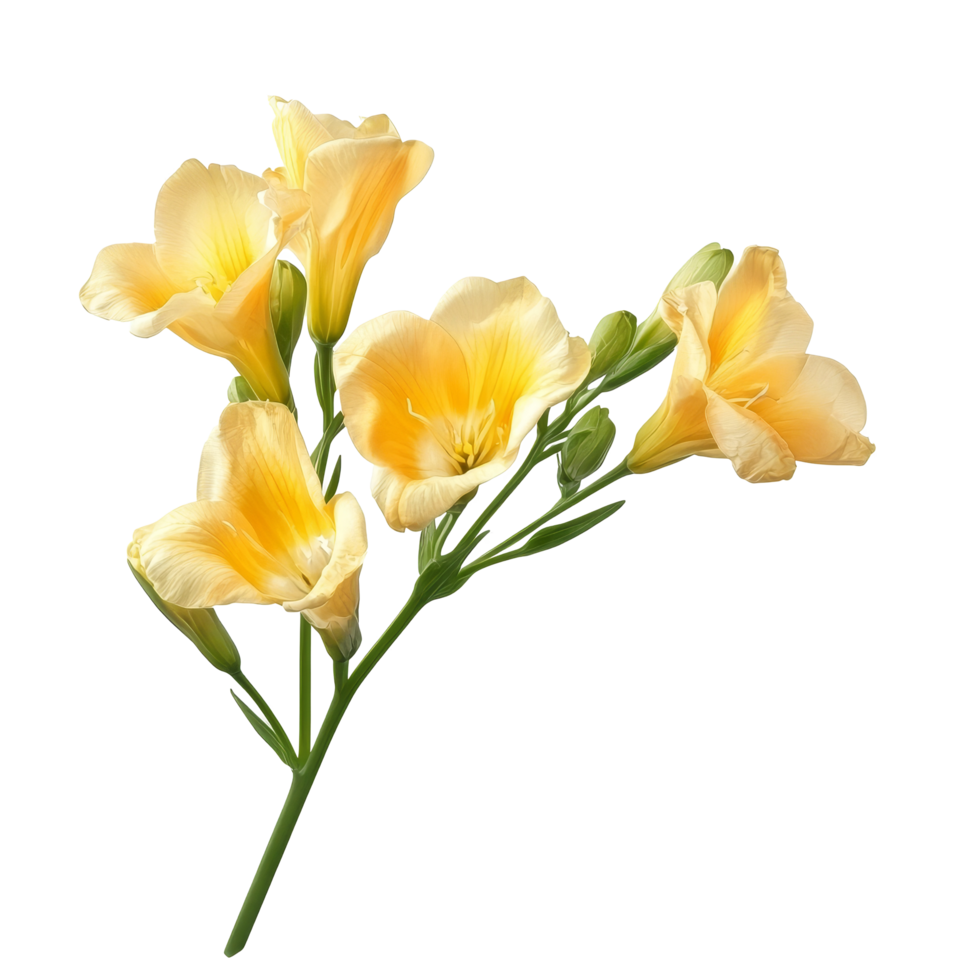 Beautiful freesia flowers in soft yellow hues isolated on a clean transparent background, freesia flowers isolated on transparent background png