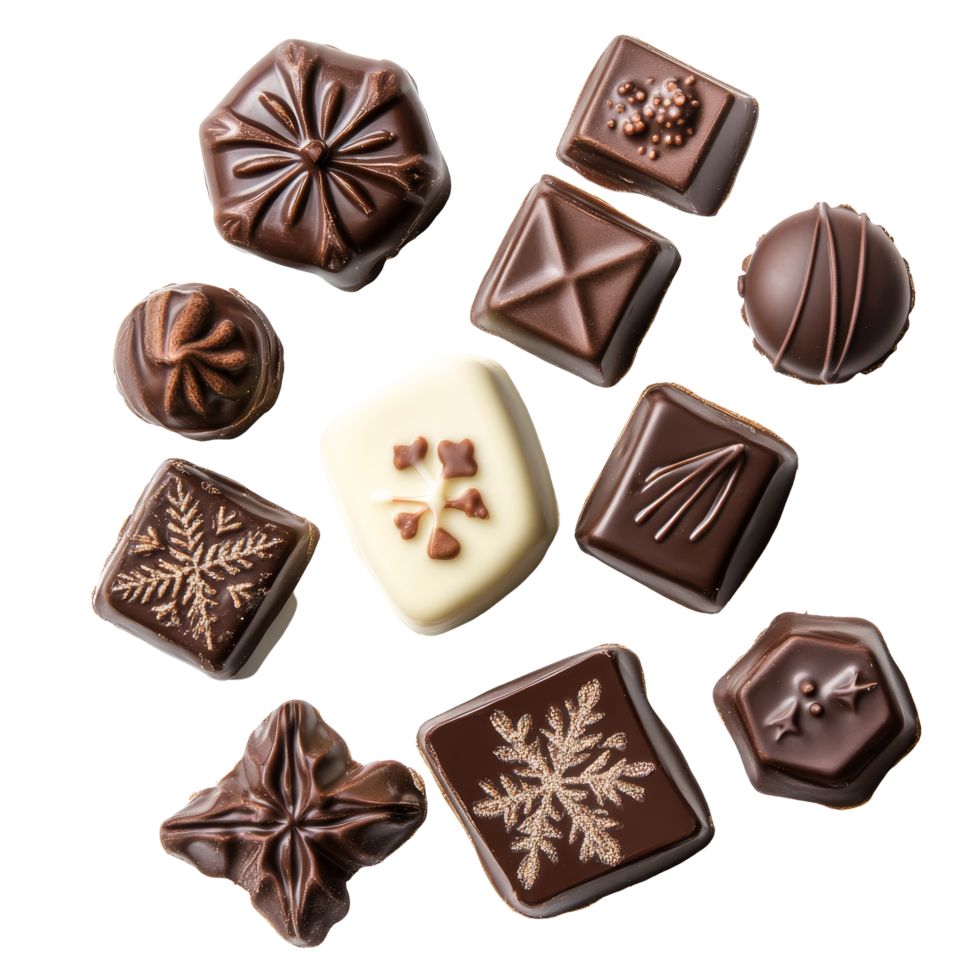 Delicious assortment of festive Christmas chocolates displayed on a transparent background for a joyful holiday treat, Christmas Chocolate on transparent background png
