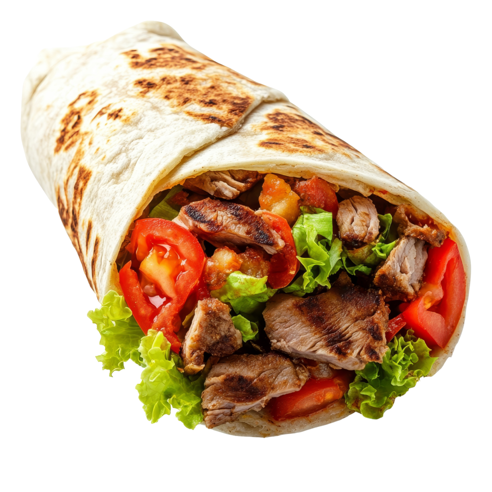 Enjoying a fresh shawarma wrap with succulent meat and crisp vegetables against a clean transparent background, Delicious shawarma isolated on transparent background or transparent backgroud png