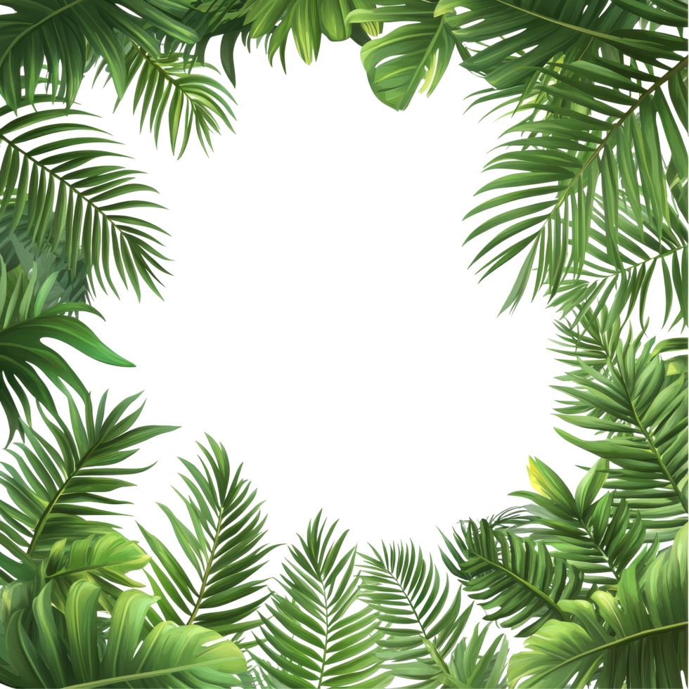 Tropical palm leaves create a vibrant green frame against a clean transparent background for a fresh, natural look, green botanical tropical palm leaves frame on transparent background png