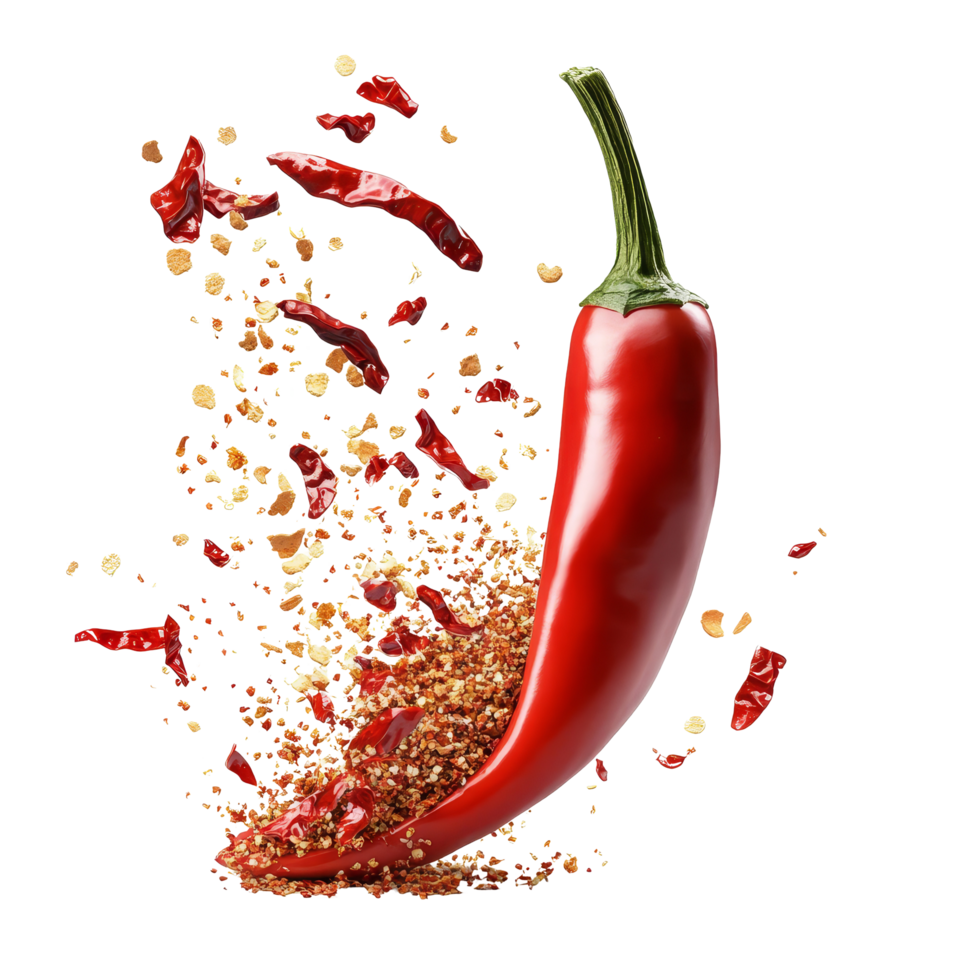 Chili pepper bursting with chili flakes against a transparent background in vibrant colors, Chili flakes bursting out from red chili pepper over transparent background png