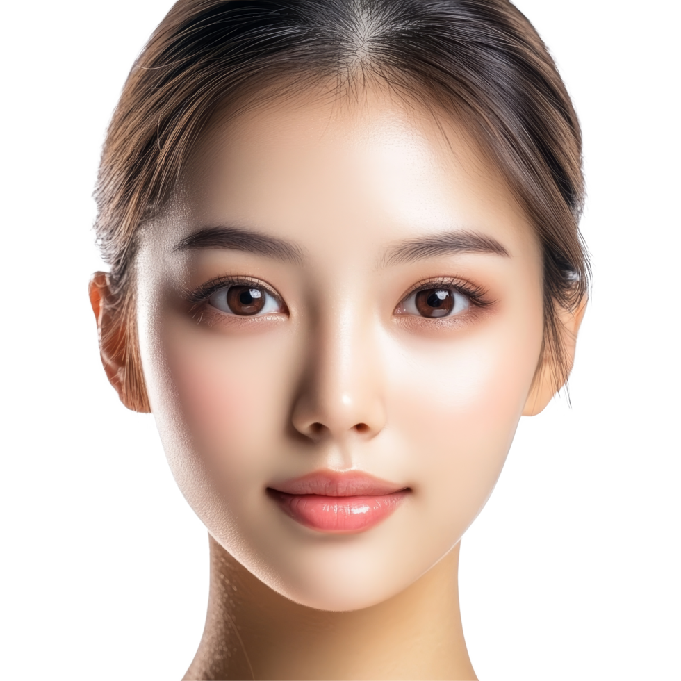 Close up of a beautiful young Asian woman with captivating features and a serene expression against, Close up face of beautiful young Asian woman with clean fresh skin isolated transparent background png