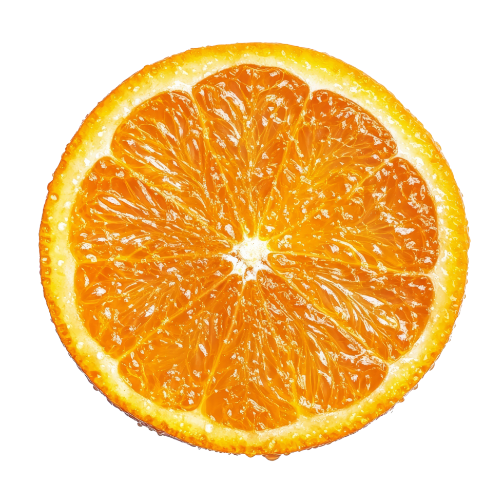 Fresh orange slice isolated on a bright transparent background showcasing its juicy texture and vibrant color, Orange isolated on transparent background png