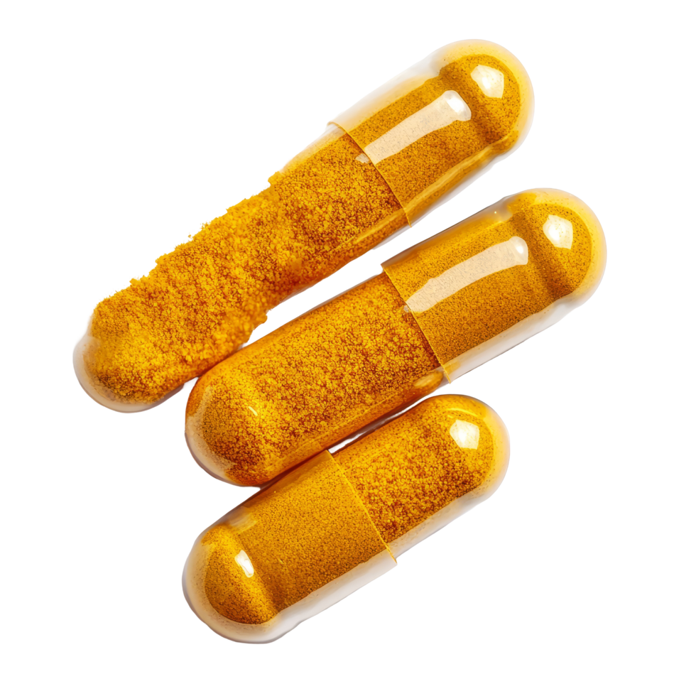 Turmeric capsules filled with bright yellow powder on a clean transparent background showcasing natural health benefits, Turmeric Capsule on transparent background png