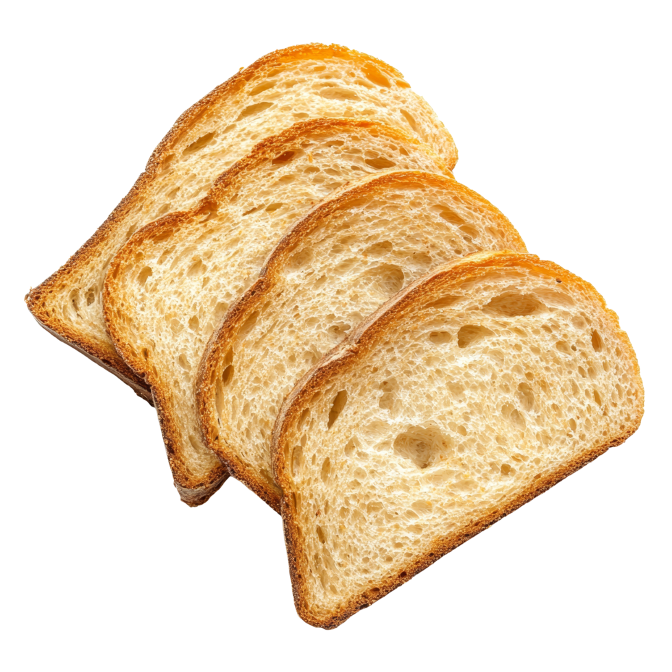 Crispy slices of bread arranged neatly on a plain transparent background showcasing their golden brown texture and inviting appearance, Crispy Bread on transparent background png