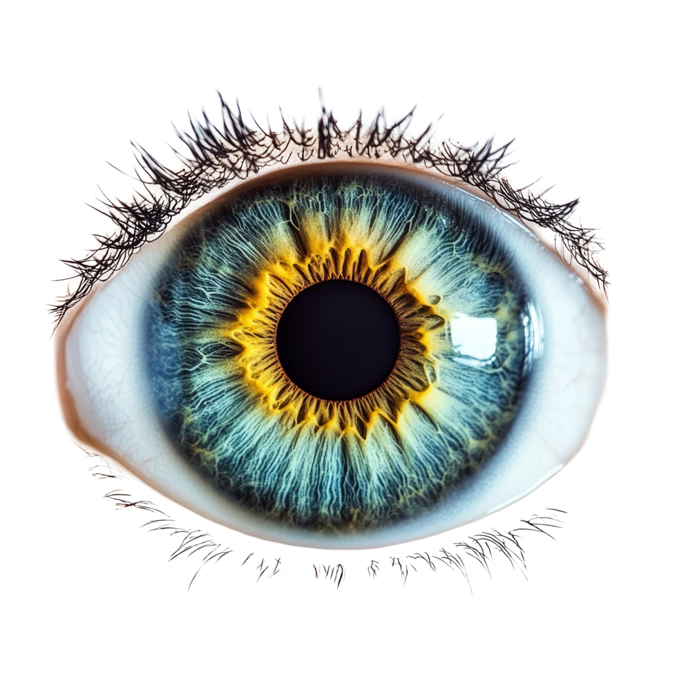 Detailed close up of a human eye with vibrant colors and an isolated pupil on a transparent background, eye pupil isolated transparent background png