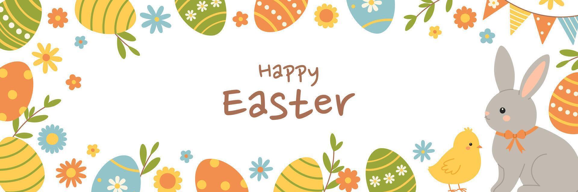 Happy Easter horizontal banner with colorful eggs, flowers, branches, rabbit and chick. Spring holiday design with cute elements in pastel colors. Flat illustration for poster, greeting card vector