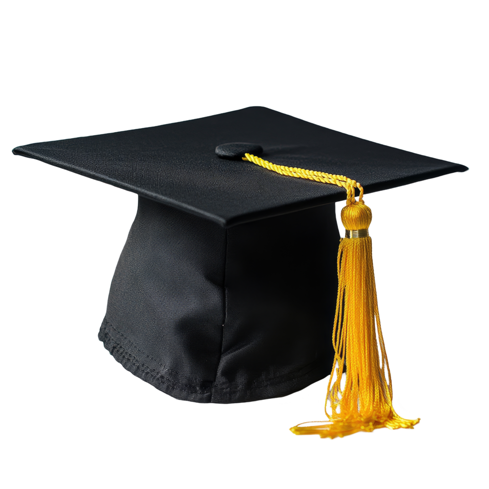 Graduation cap with a yellow tassel on a transparent background ready for the celebration of academic achievement, graduation cap on transparent background png