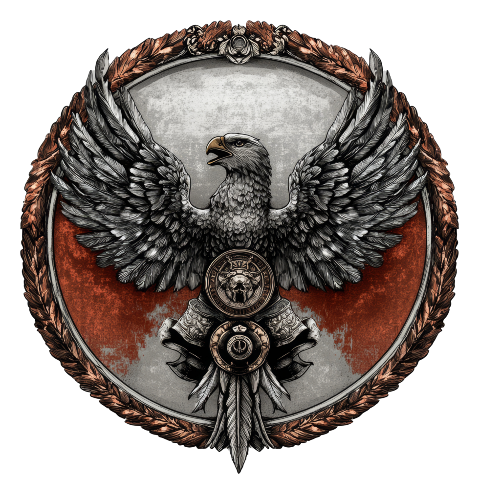 Stylized eagle emblem with wings, shield, and intricate details, designed in Germany, designed and developed in germany badge png