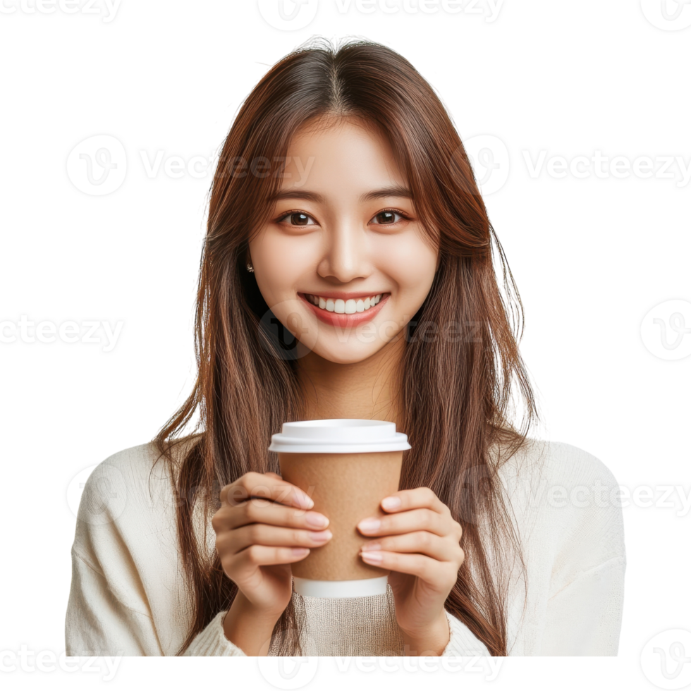 Smiling Woman Enjoying Coffee on transparent background. png