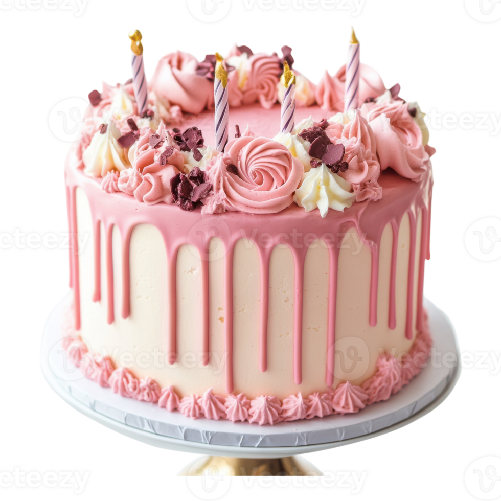 Delicious Soft Pink Birthday Cake on transparent background. png