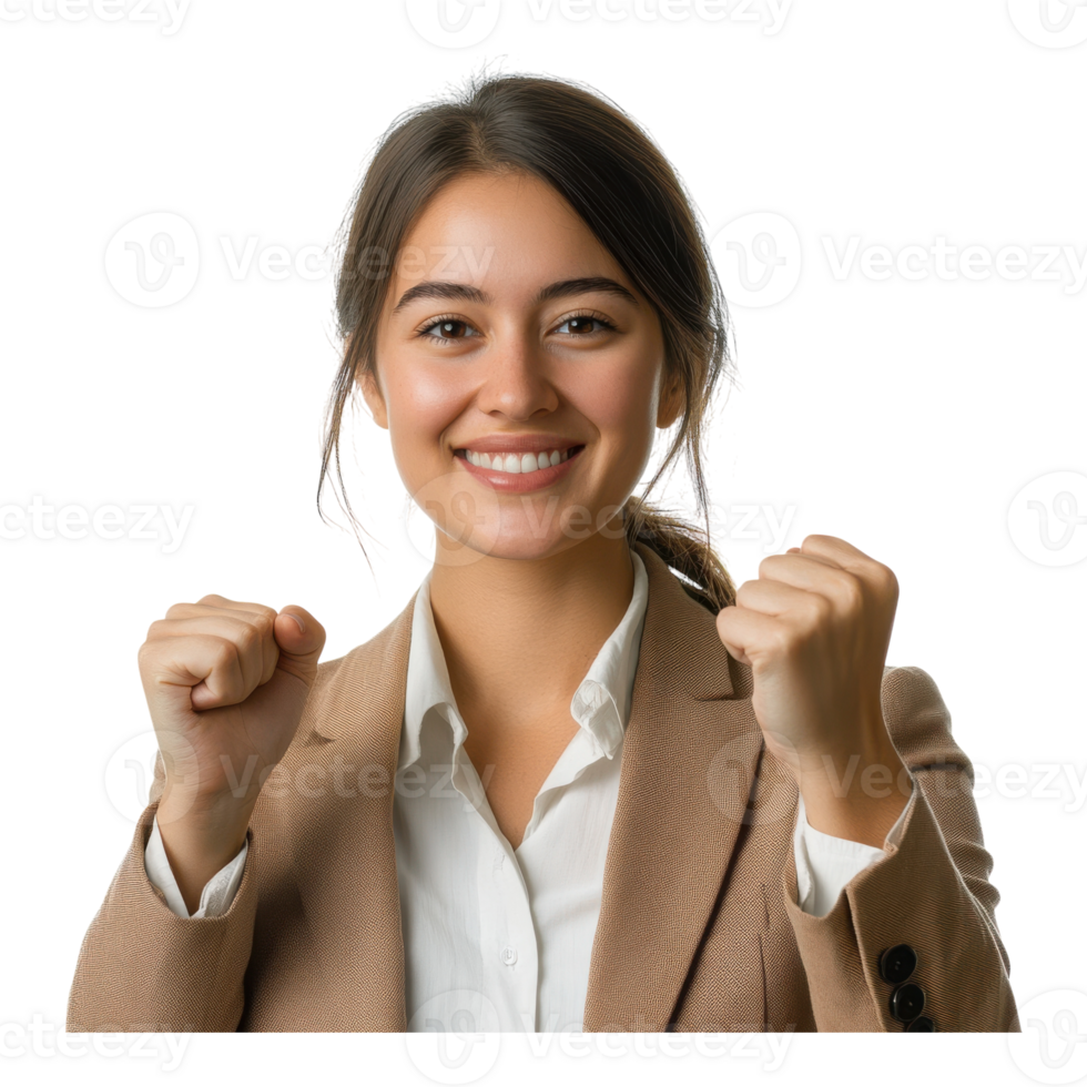 Smiling Woman in Blazer at Cafe on transparent background. png