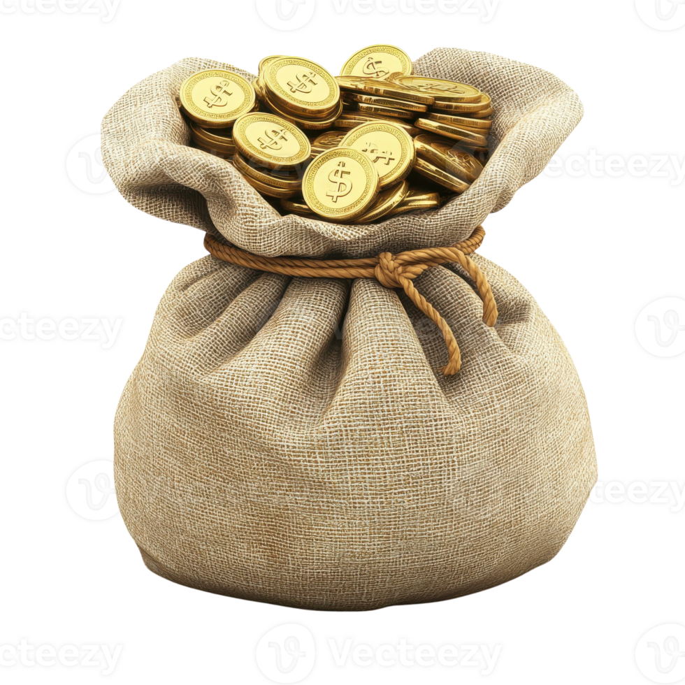 Overflowing Money Bag 3D Render on transparent background. png