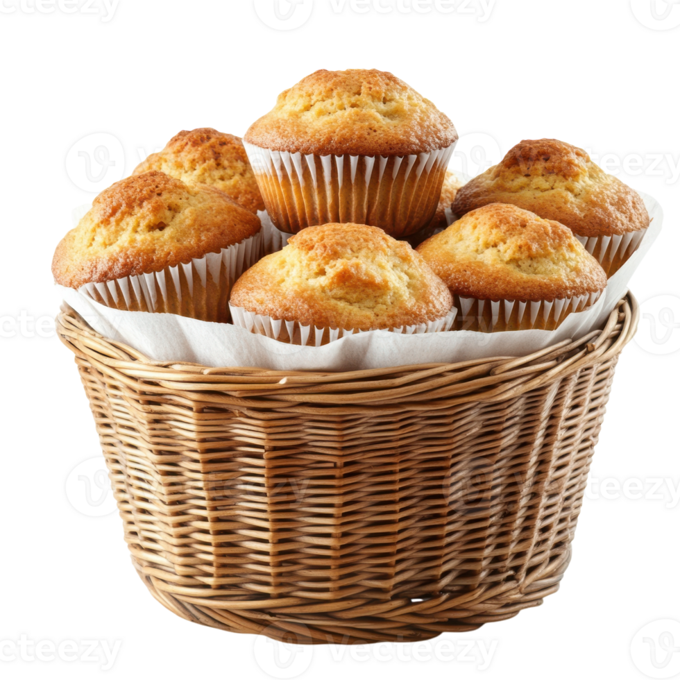 Delicious Baked Muffins in Basket on transparent background. png