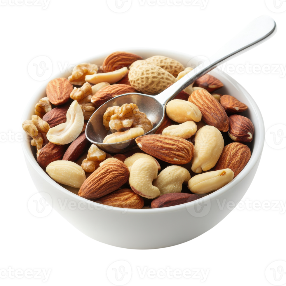 Delicious Mixed Nuts in Bowl on transparent background. png