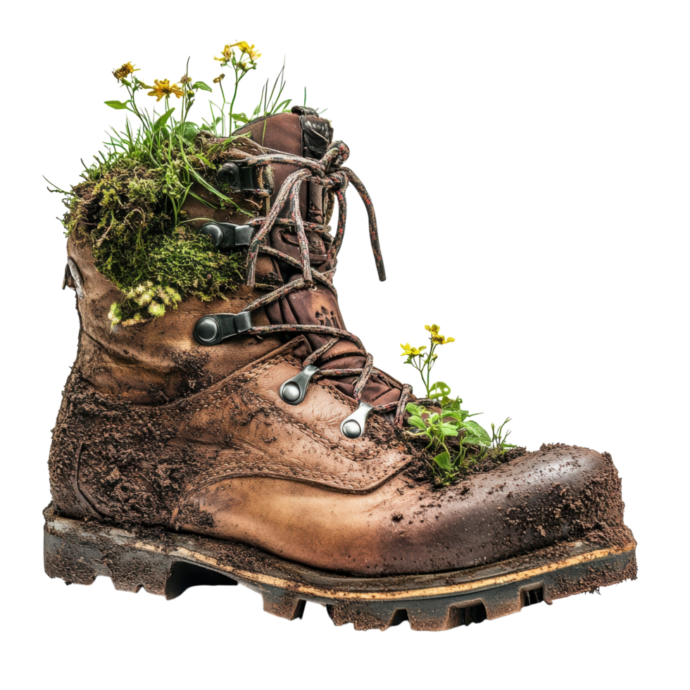 Hiking Boots in Nature on transparent background. png