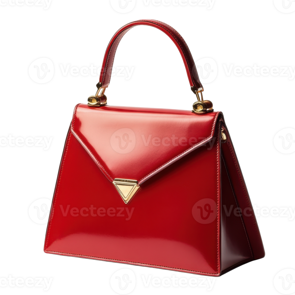 Red Leather Handbag with Gold Accents on transparent background. png