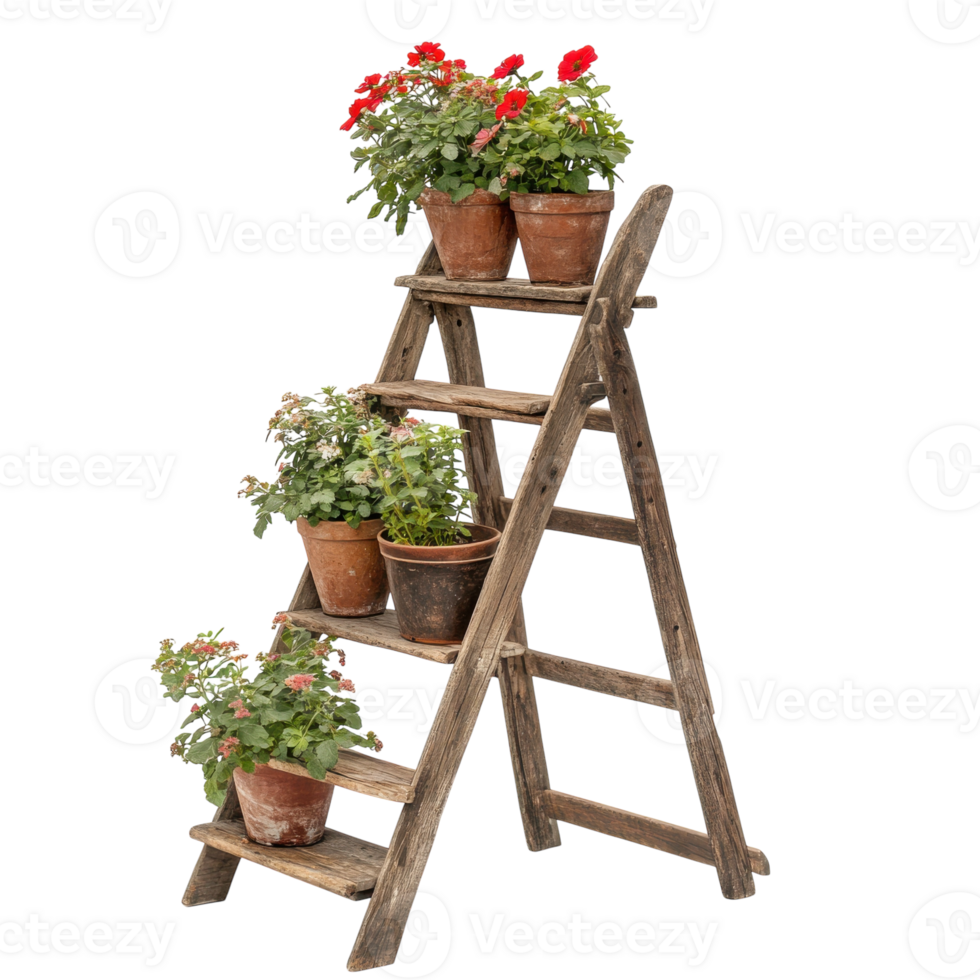 Rustic Wooden Ladder with Flower Pots on transparent background. png