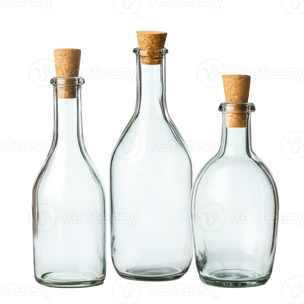 Vintage Glass Bottles with Cork Stoppers on transparent background. png