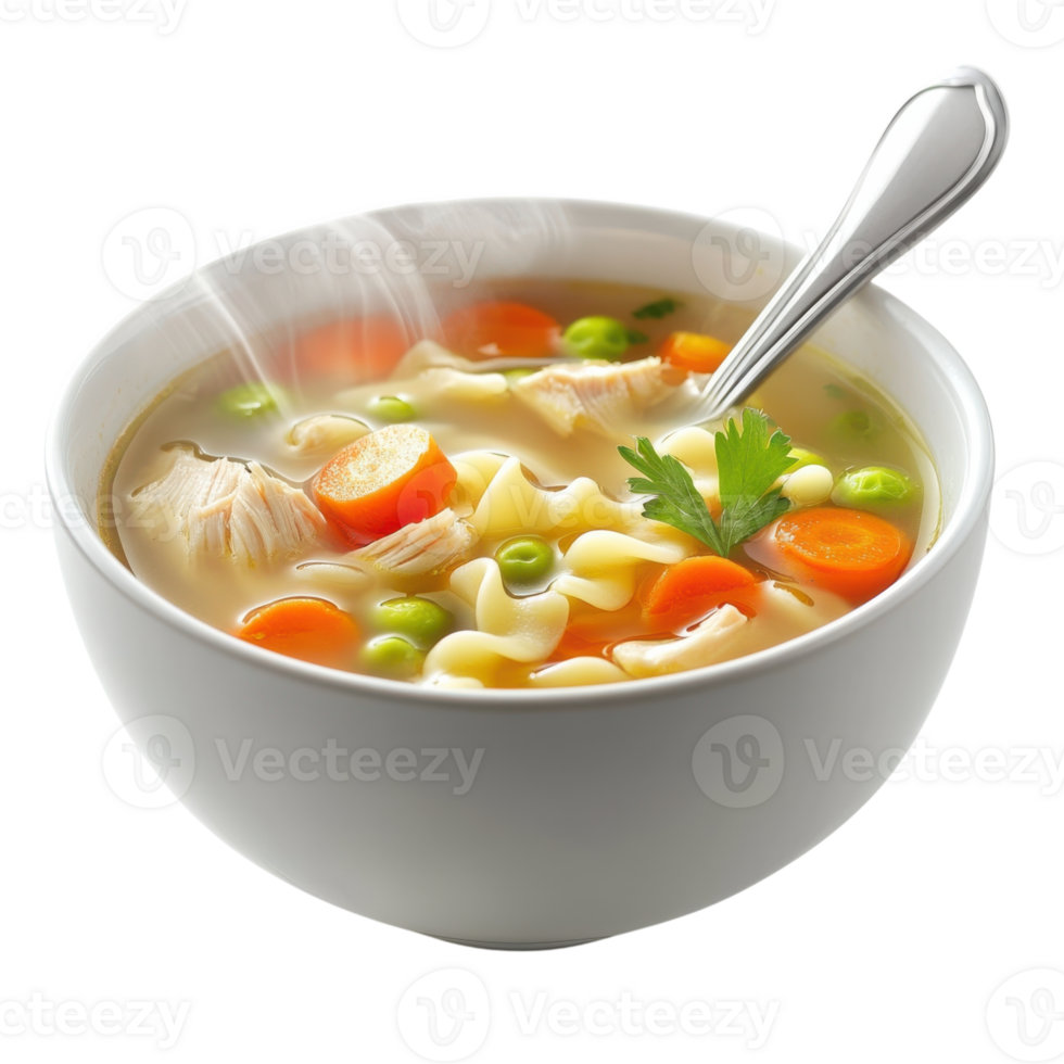 Delicious Chicken Noodle Soup on transparent background. png