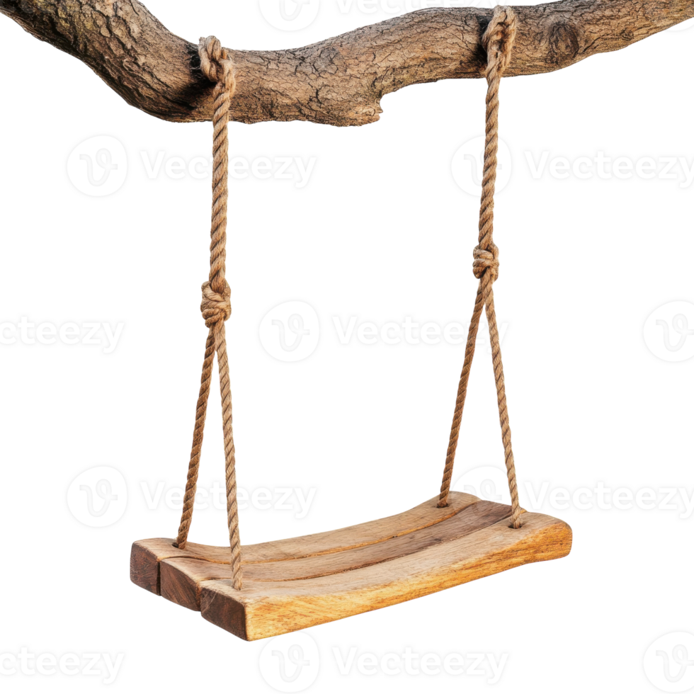 Wooden Swing Hanging on Tree on transparent background. png