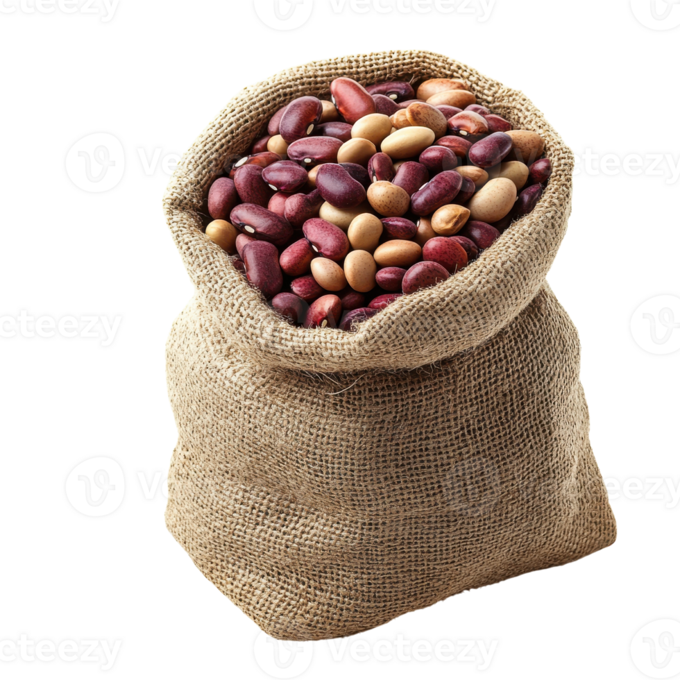 Burlap Sack of Beans on White on transparent background. png