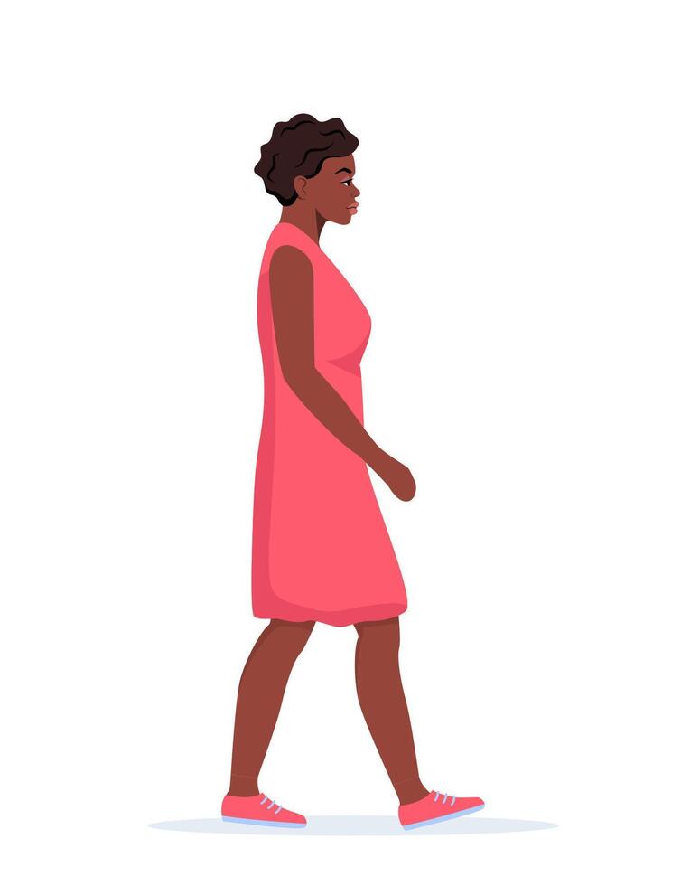 Young black woman in casual clothes walking forward, side view. Illustration. vector
