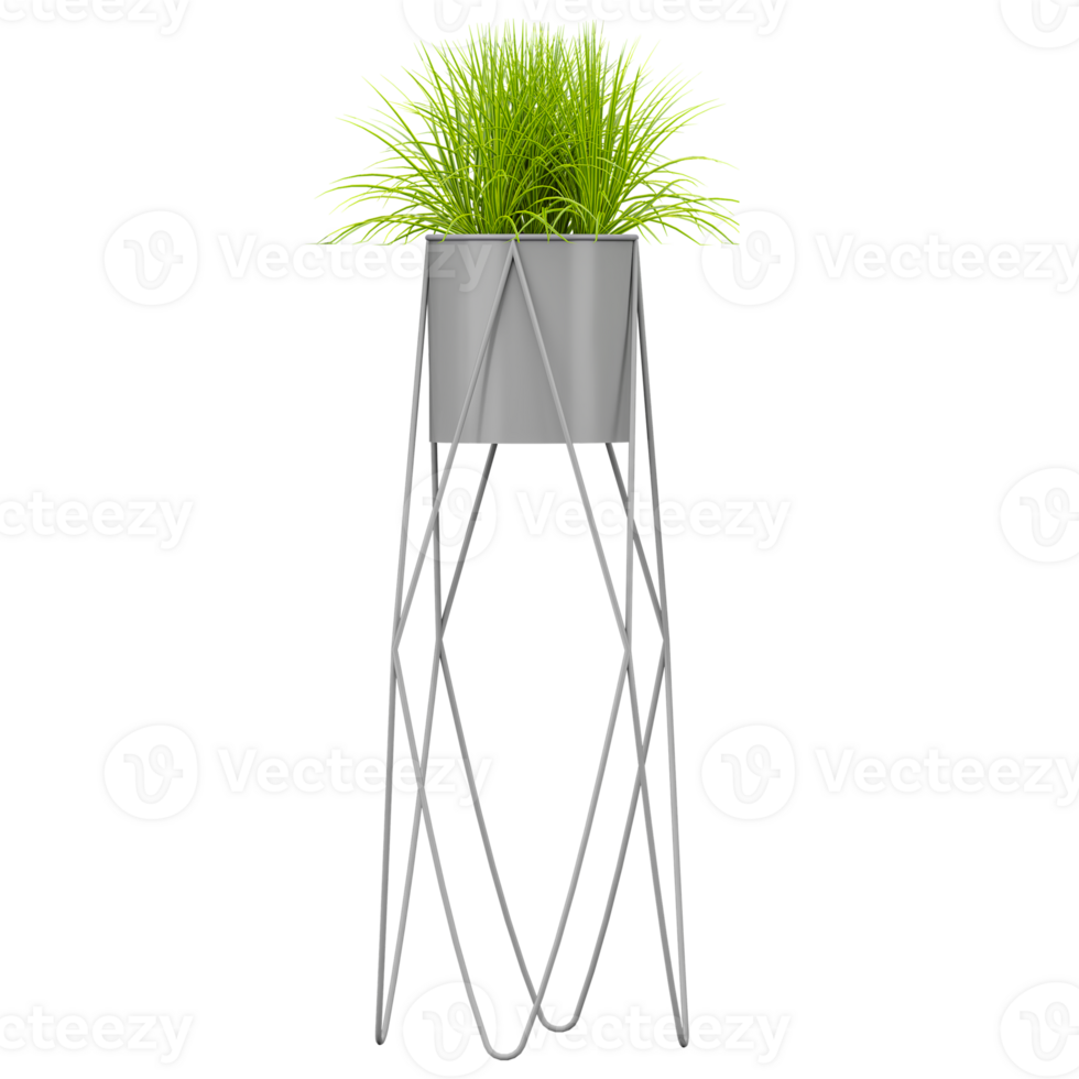 3d illustration of grass in gray Planter Tall isolated on transparent canvas png