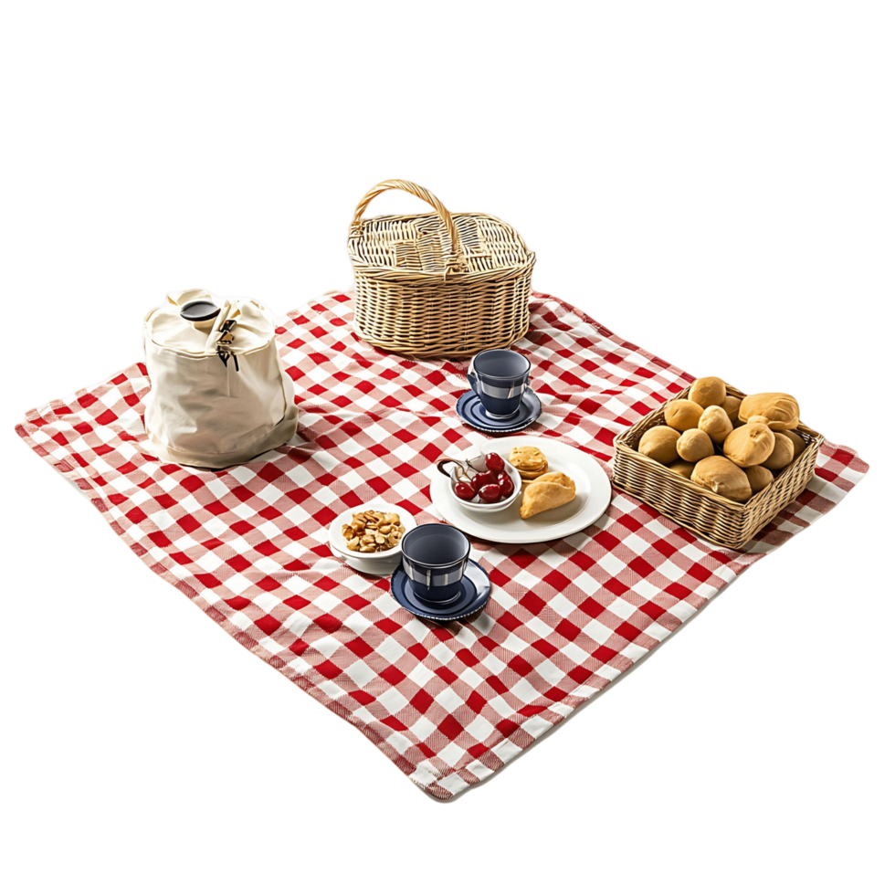 A Picnic Basket Set Up on A Red Checkered Blanket png