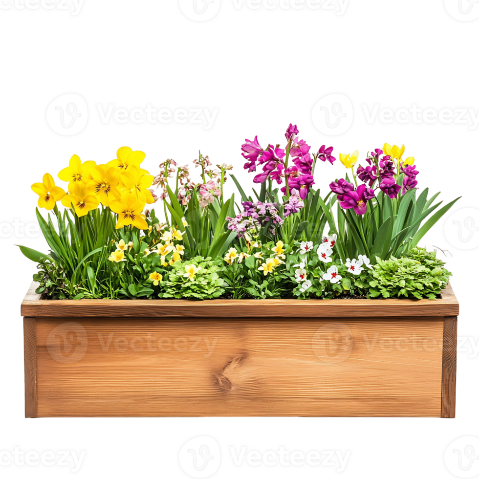 Colorful Flowers in a Wooden Planter png