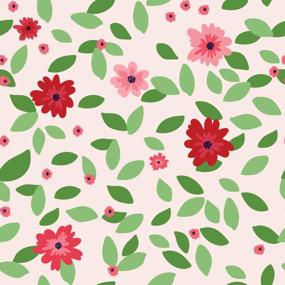 a floral pattern with red and pink flowers and green leaves vector