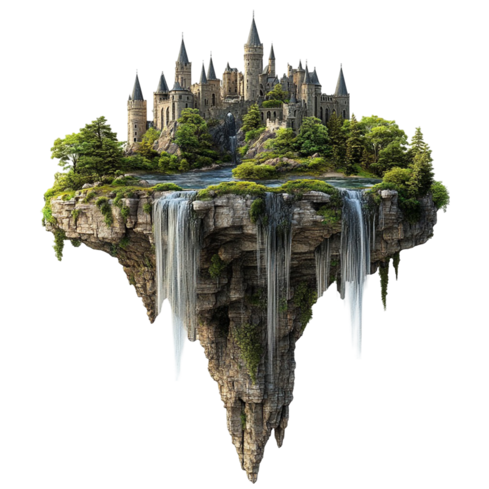 Magical Castle on Island with Waterfall png