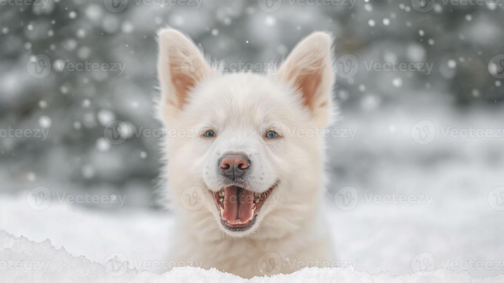 A white dog is standing in the snow photo